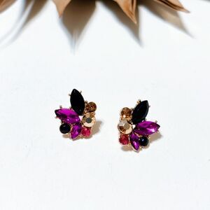 Anthropologie Gold Tone Rhinestone Cluster Stud Earrings Black Pink Crystal